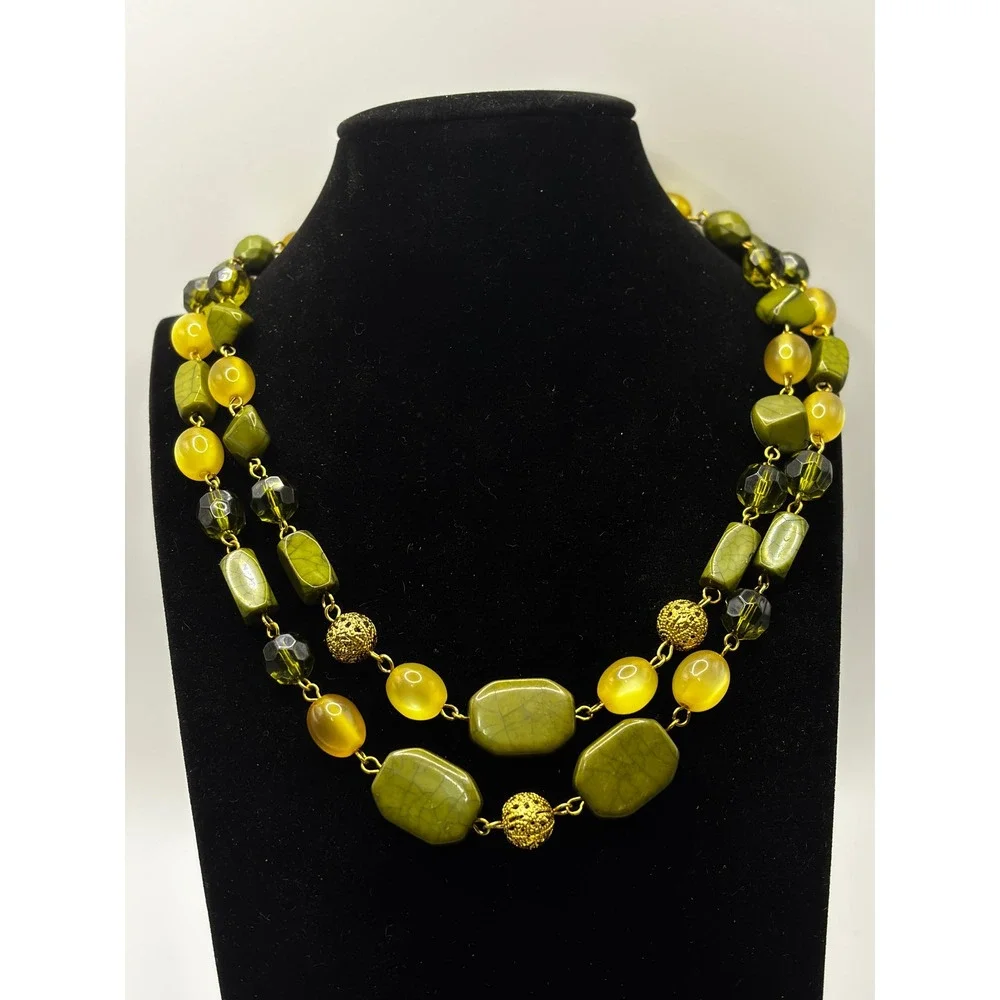 Sonoma Green Beaded Double‎ Strand Necklace Gold Tone Faux Stone Statement 16in